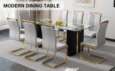 Table and chair set, large modern minimalist rectangular glass table, can accommodate 6-8 people, equipped with tempered glass tabletop and large MDF